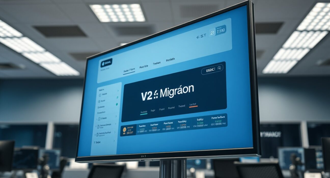 EdgeX exchange dashboard showing V2 migration and USDC vault program on a monitor in a professional trading office