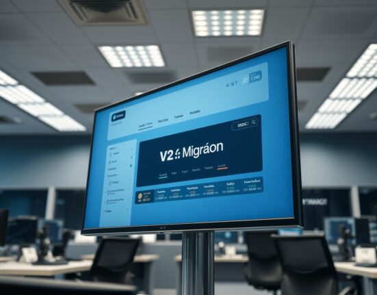 EdgeX exchange dashboard showing V2 migration and USDC vault program on a monitor in a professional trading office
