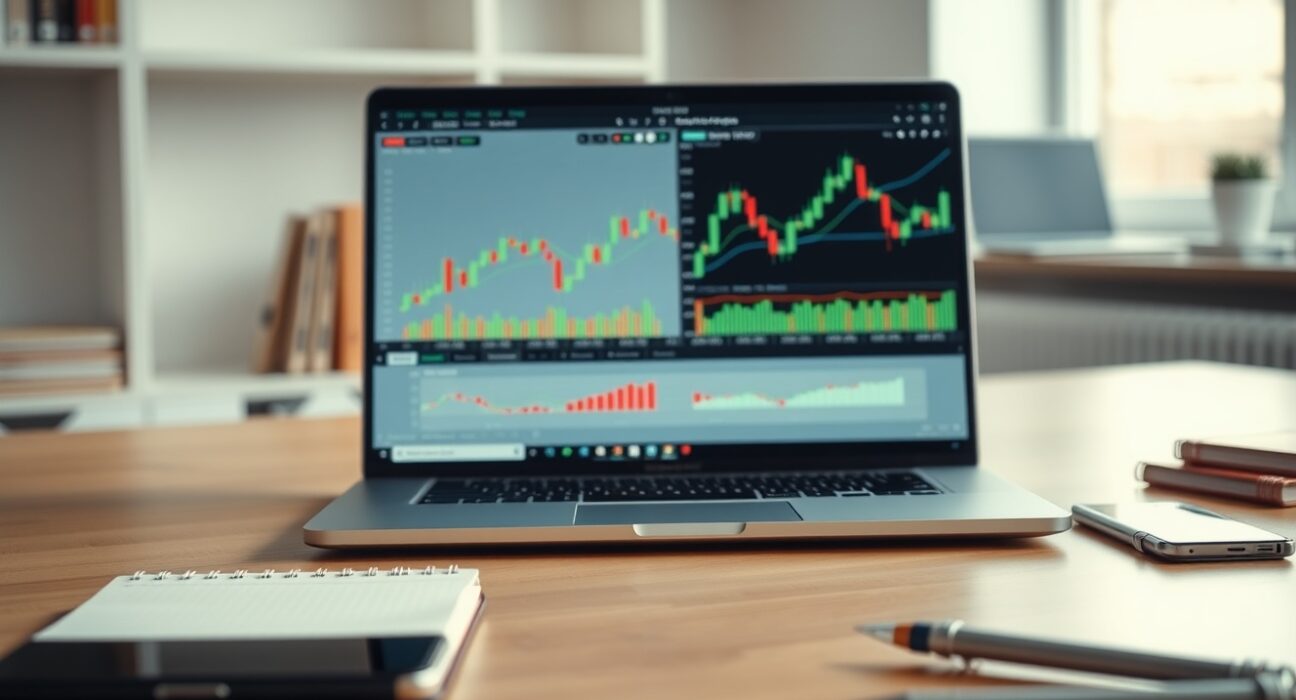 A professional trader's view of the Edu-X cryptocurrency mock trading platform interface on a laptop screen.