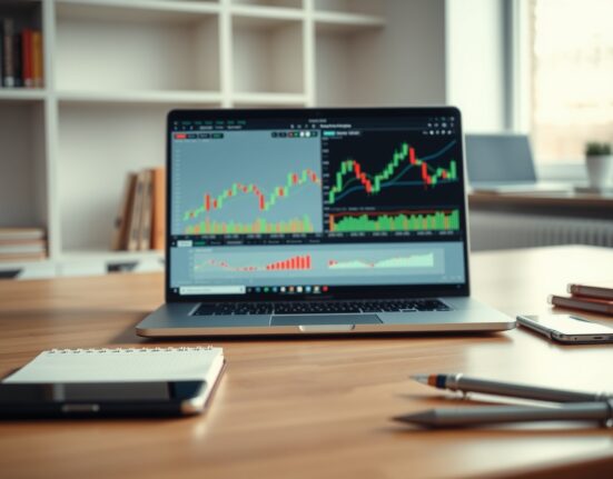 A professional trader's view of the Edu-X cryptocurrency mock trading platform interface on a laptop screen.
