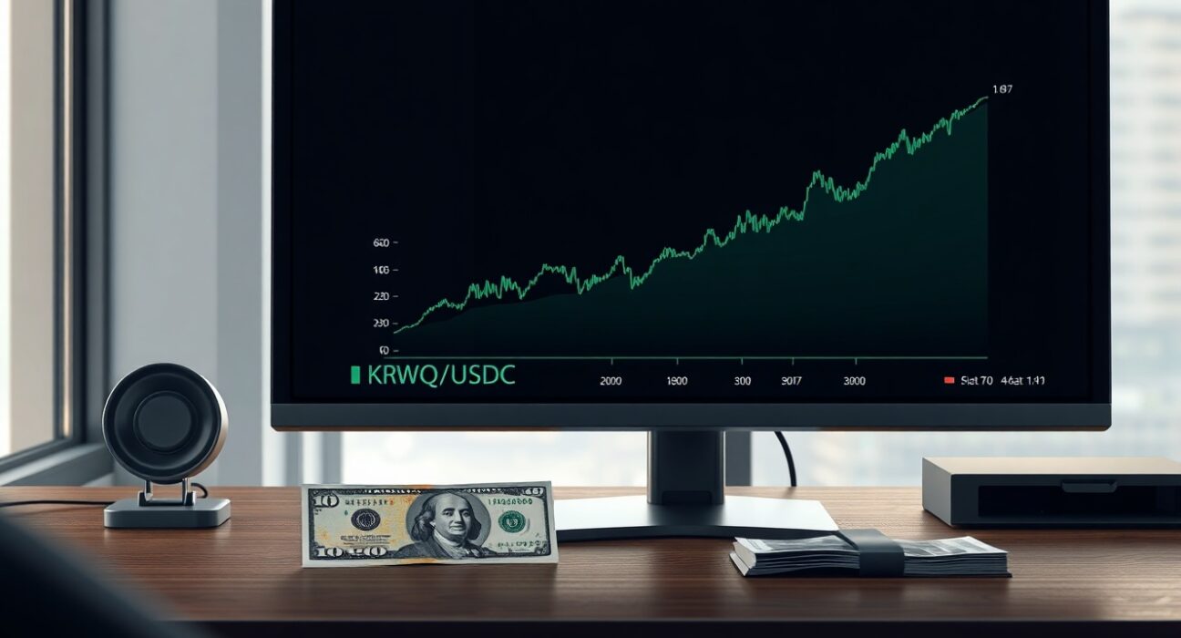 Professional trading desk interface showing the EDXM KRWQ/USDC derivative chart for forex trading.