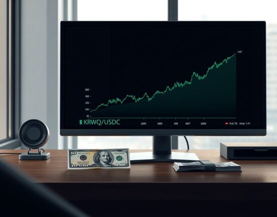 Professional trading desk interface showing the EDXM KRWQ/USDC derivative chart for forex trading.