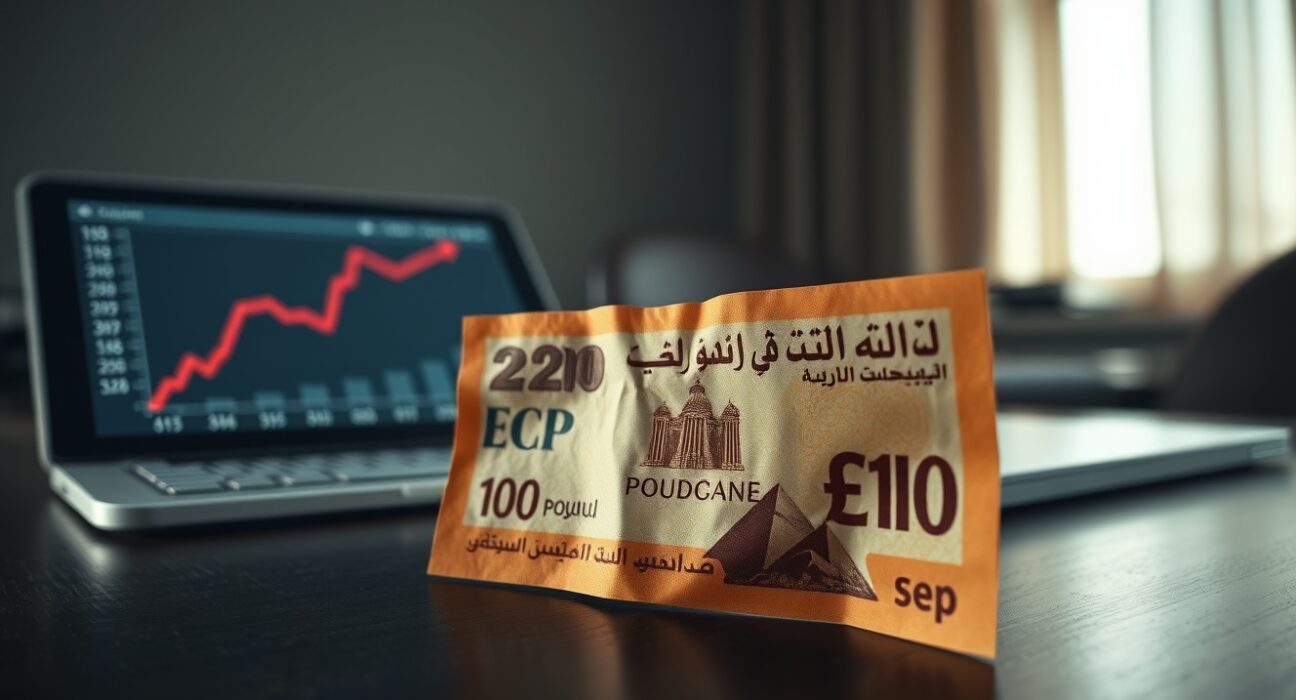 Egyptian pound banknote showing record low value amid Middle East conflict and economic crisis.