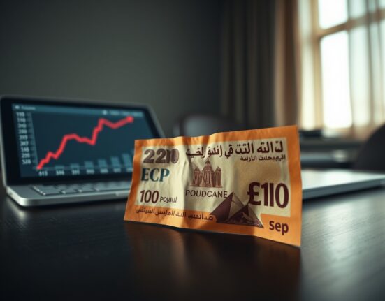 Egyptian pound banknote showing record low value amid Middle East conflict and economic crisis.