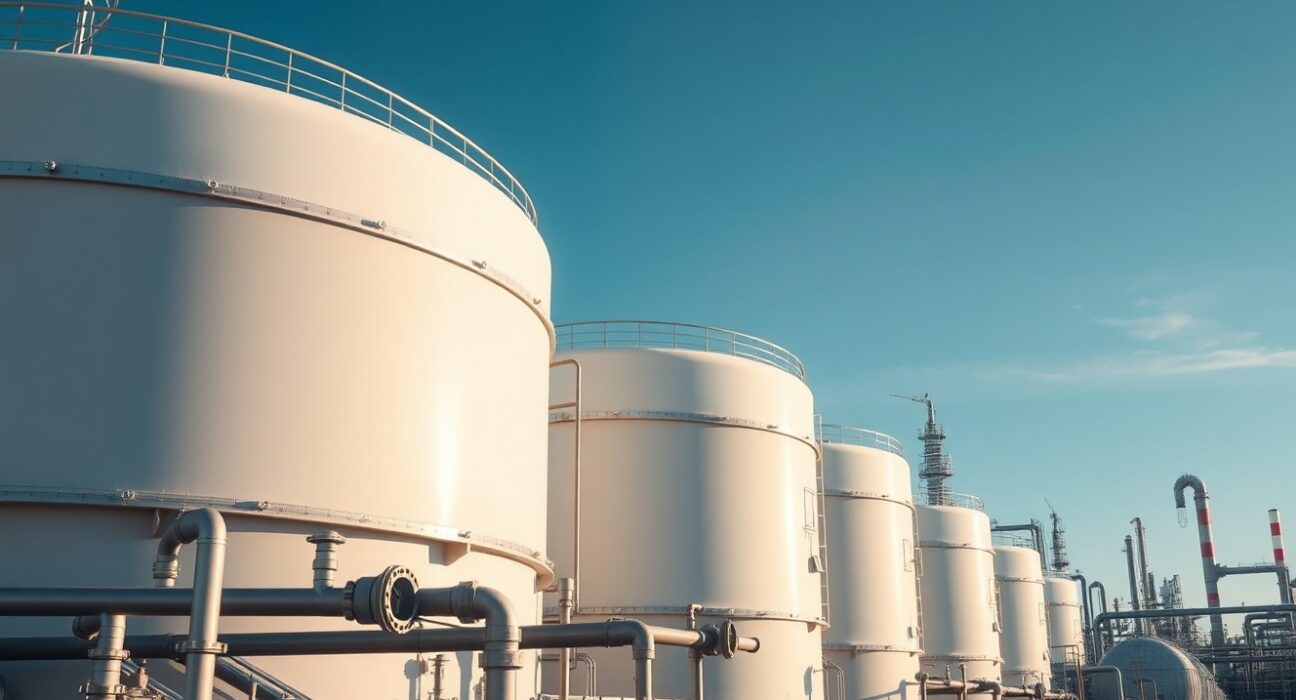 Aerial view of oil storage tanks at a refinery, representing US crude oil inventory data.