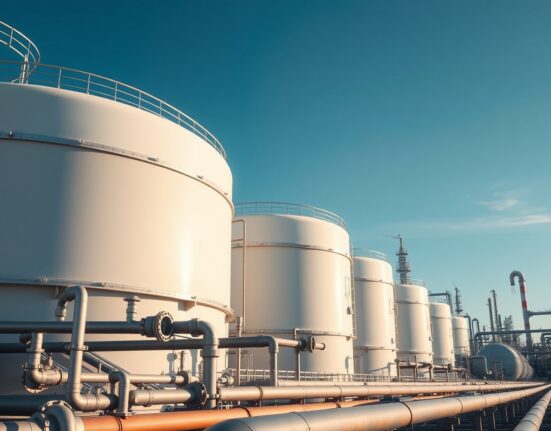 Aerial view of oil storage tanks at a refinery, representing US crude oil inventory data.