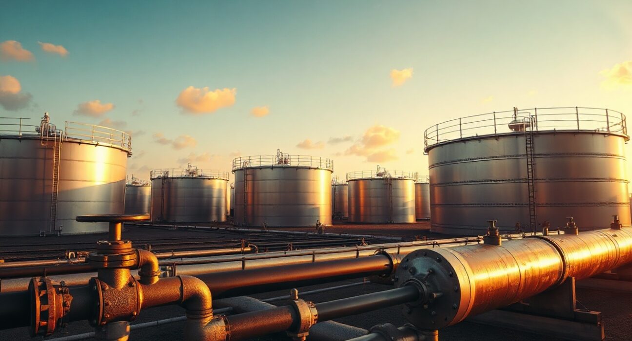 Aerial view of oil storage tanks at a refinery complex during golden hour.
