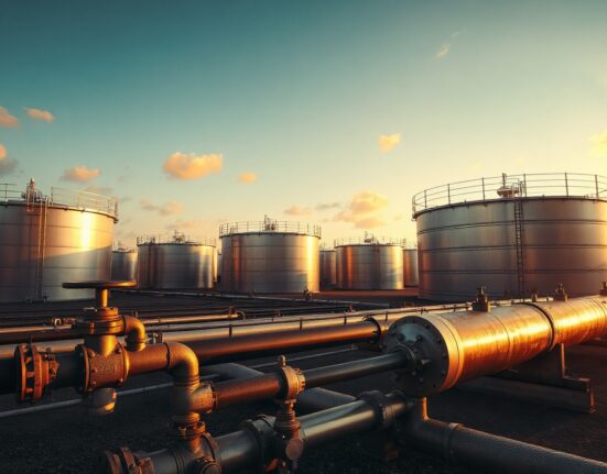Aerial view of oil storage tanks at a refinery complex during golden hour.
