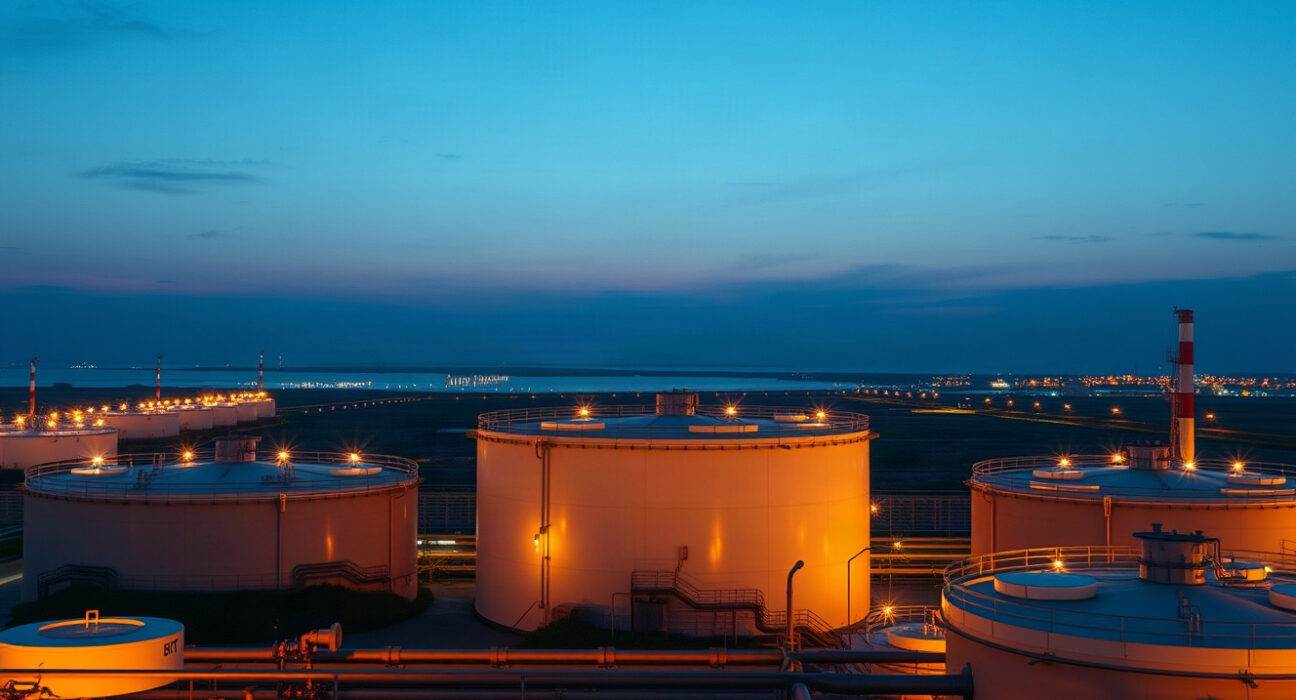 Aerial view of oil storage tanks at a refinery, illustrating crude oil inventory levels.