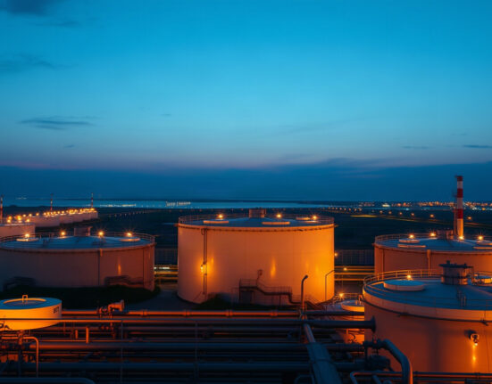 Aerial view of oil storage tanks at a refinery, illustrating crude oil inventory levels.