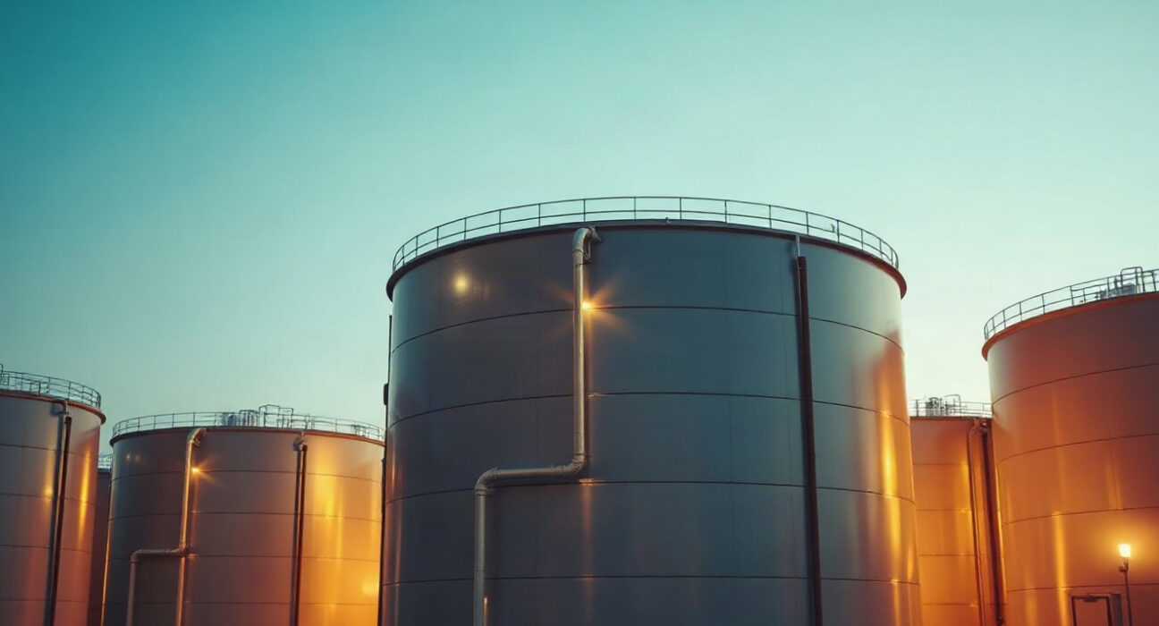 Fuel storage tanks at an industrial depot under a clear sky
