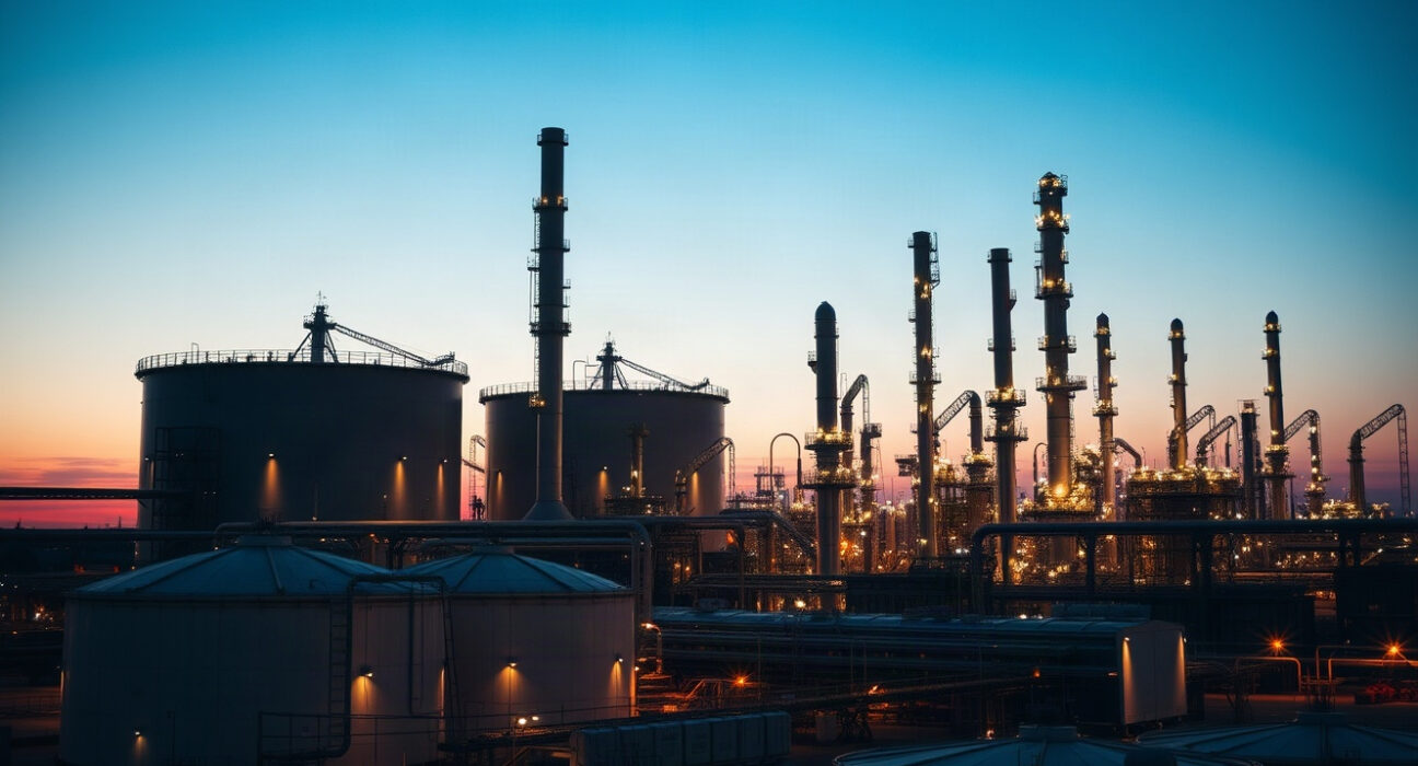Oil refinery storage tanks at dusk, representing distillate fuel inventories