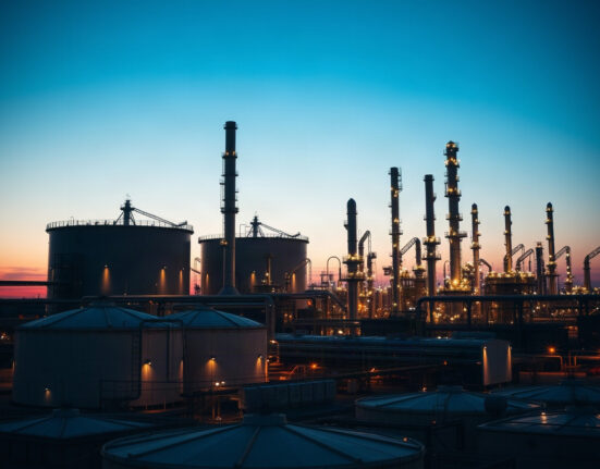 Oil refinery storage tanks at dusk, representing distillate fuel inventories