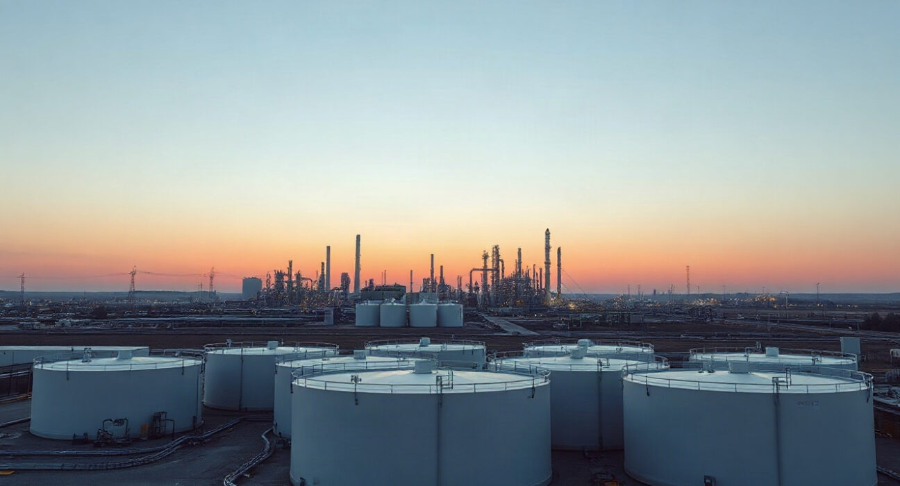 Aerial view of fuel storage tanks at an oil terminal, illustrating heating oil inventory levels.