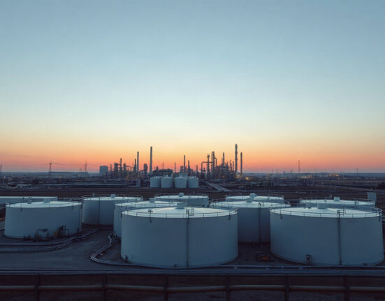 Aerial view of fuel storage tanks at an oil terminal, illustrating heating oil inventory levels.