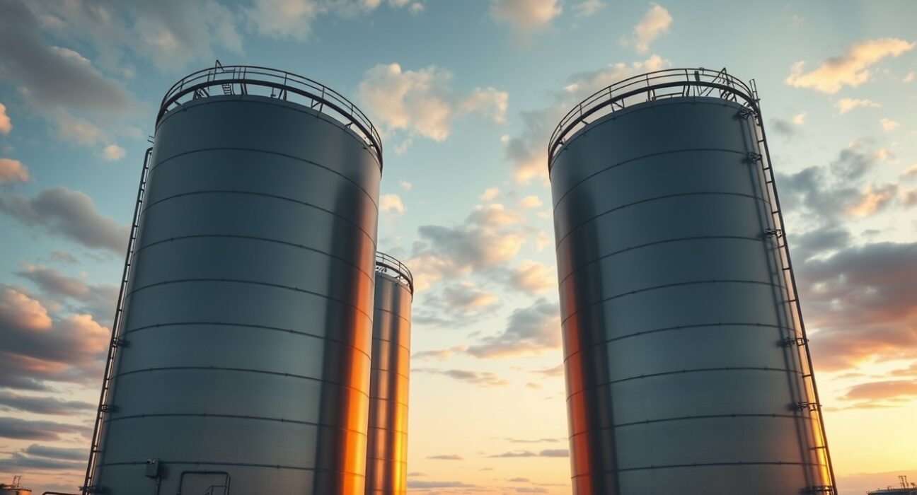 Aerial view of natural gas storage tanks at an industrial facility during evening hours.