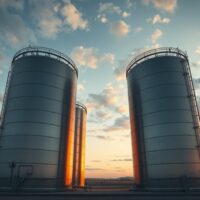 Aerial view of natural gas storage tanks at an industrial facility during evening hours.