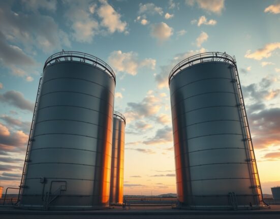 Aerial view of natural gas storage tanks at an industrial facility during evening hours.