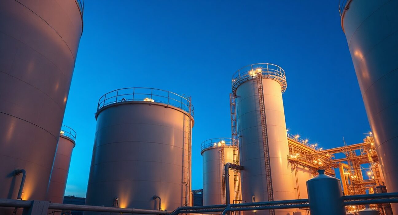 Natural gas storage facility with large tanks at dusk, representing EIA storage report data.