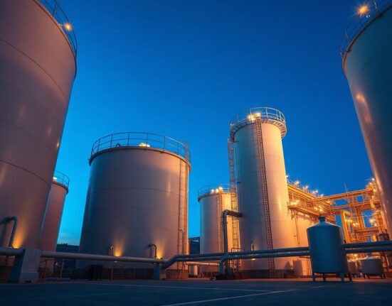 Natural gas storage facility with large tanks at dusk, representing EIA storage report data.