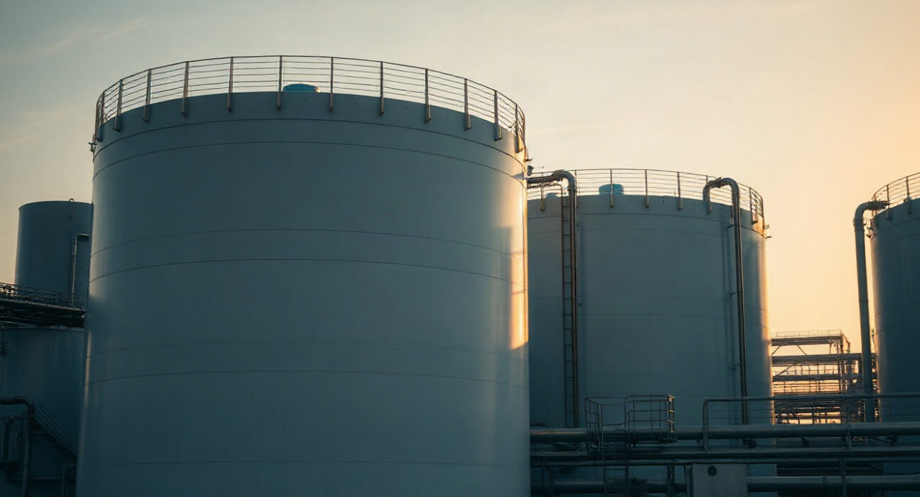 Natural gas storage facility tanks at dusk, representing US inventory changes.