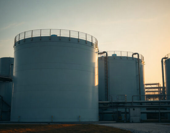 Natural gas storage facility tanks at dusk, representing US inventory changes.