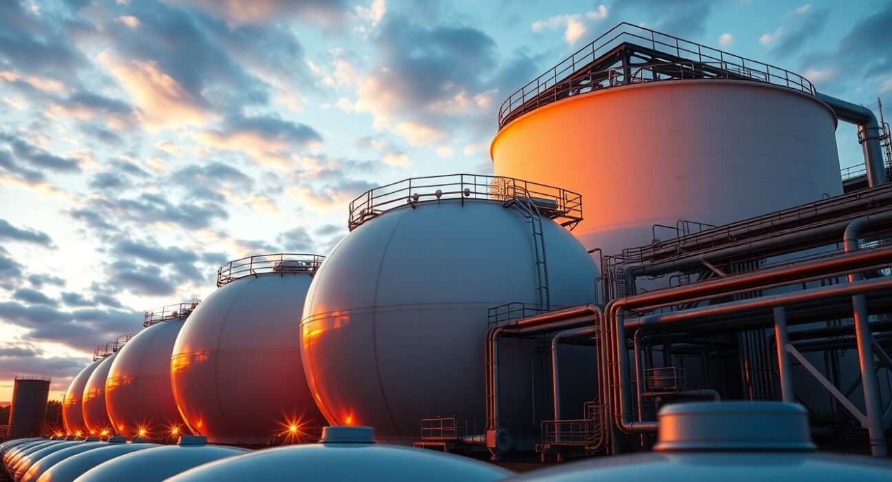 Natural gas storage facility with large white tanks at dusk