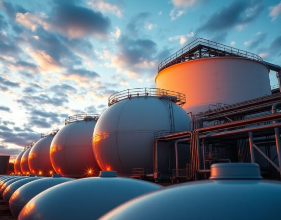 Natural gas storage facility with large white tanks at dusk
