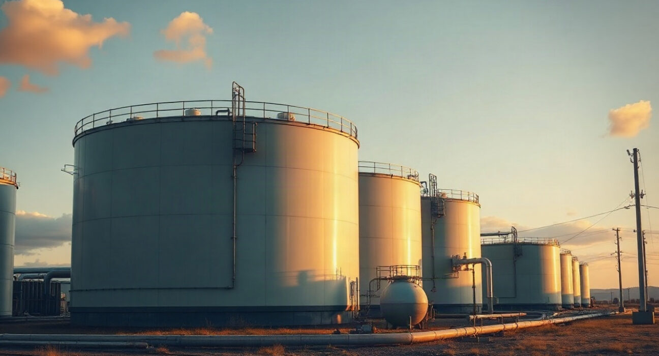 Natural gas storage facility with large tanks at dusk, illustrating the EIA storage report for August 14.