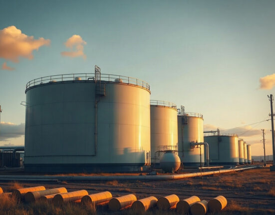Natural gas storage facility with large tanks at dusk, illustrating the EIA storage report for August 14.