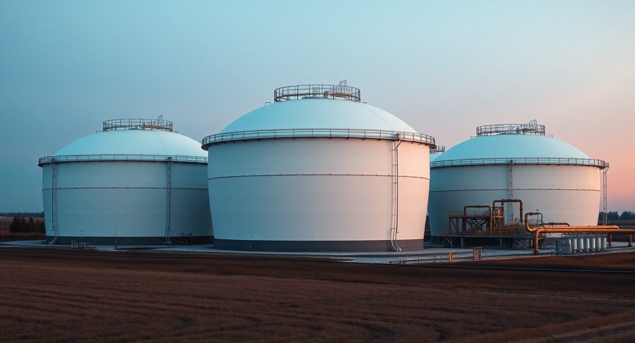 Natural gas storage facility at dusk with large spherical tanks and industrial infrastructure