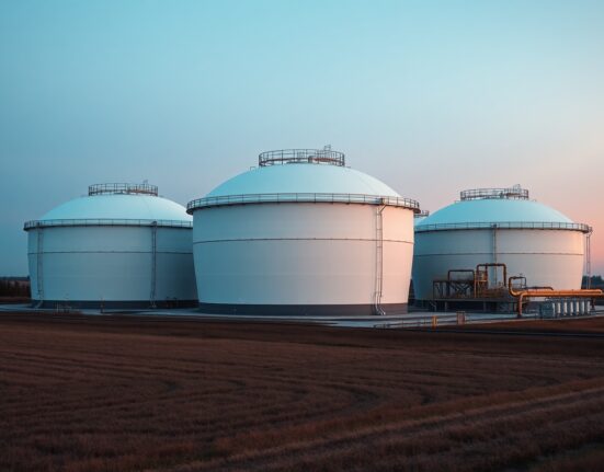 Natural gas storage facility at dusk with large spherical tanks and industrial infrastructure