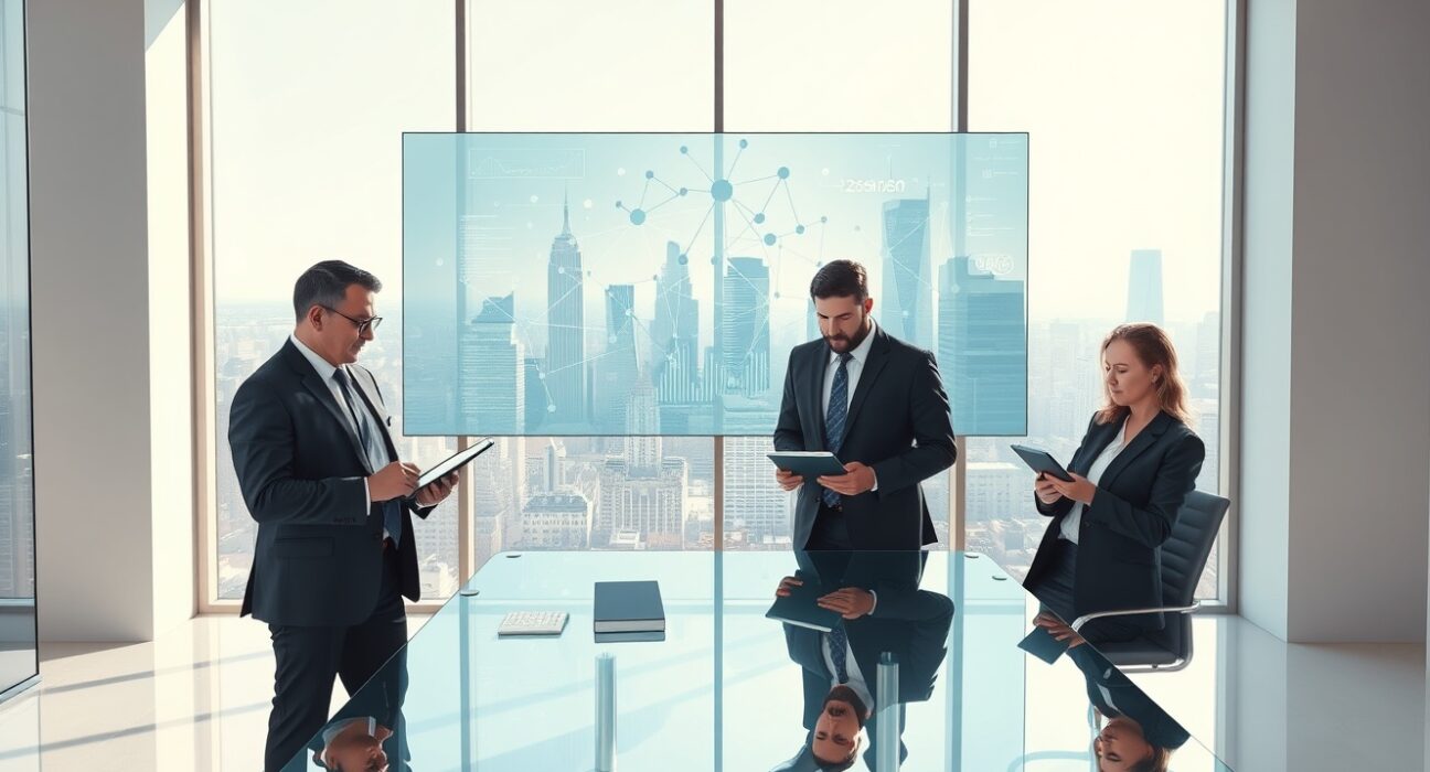 Corporate executives discussing Eightco's $125 million blockchain and AI investment strategy in boardroom setting