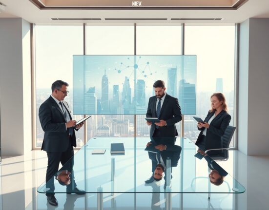 Corporate executives discussing Eightco's $125 million blockchain and AI investment strategy in boardroom setting