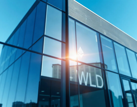 Eightco Holdings corporate building with subtle crypto symbols reflecting financial investment