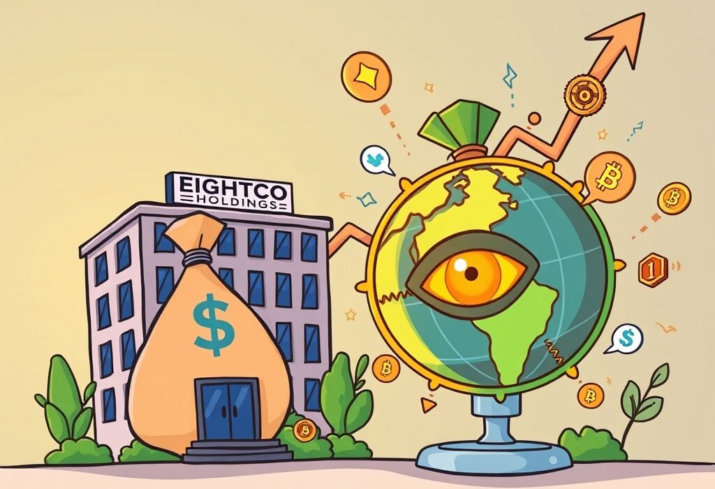 A cartoon illustration showing Eightco Holdings' strategic WLD investment, symbolizing growth and digital finance.