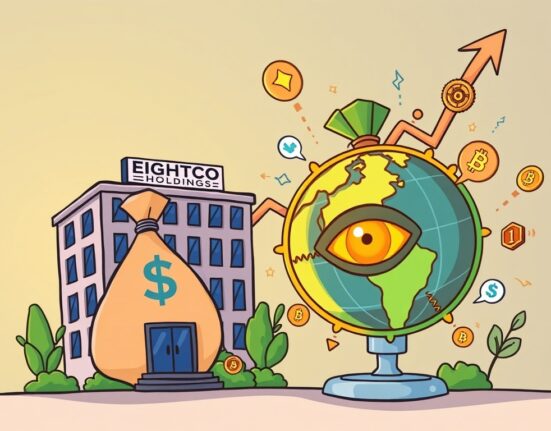 A cartoon illustration showing Eightco Holdings' strategic WLD investment, symbolizing growth and digital finance.