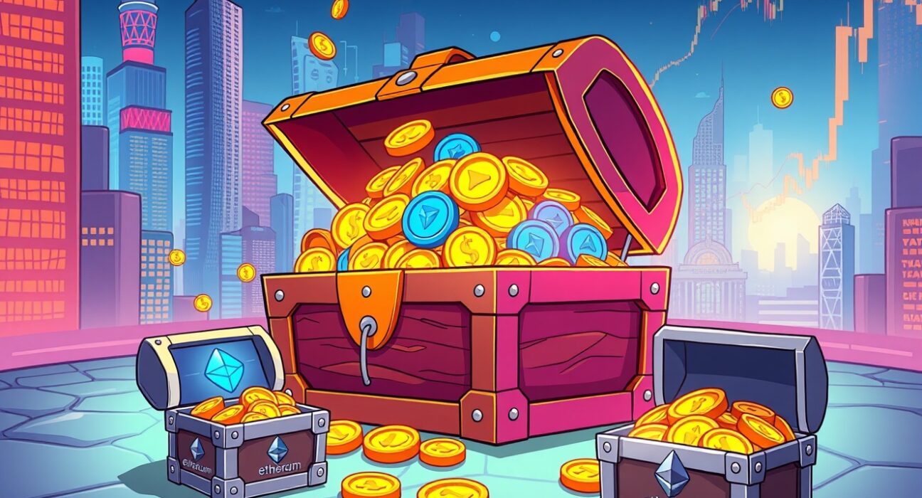 Massive Worldcoin investment shown as overflowing digital treasure chest representing institutional crypto holdings