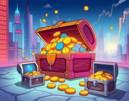 Massive Worldcoin investment shown as overflowing digital treasure chest representing institutional crypto holdings