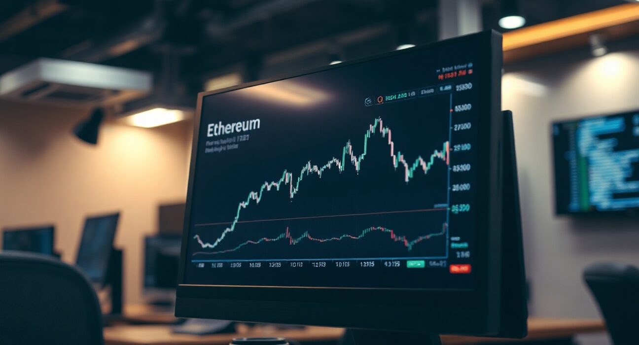 Analyst reviewing Ethereum price and supply charts on a monitor in a newsroom setting