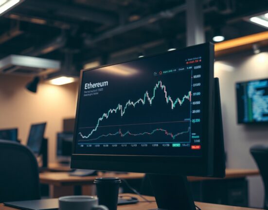 Analyst reviewing Ethereum price and supply charts on a monitor in a newsroom setting