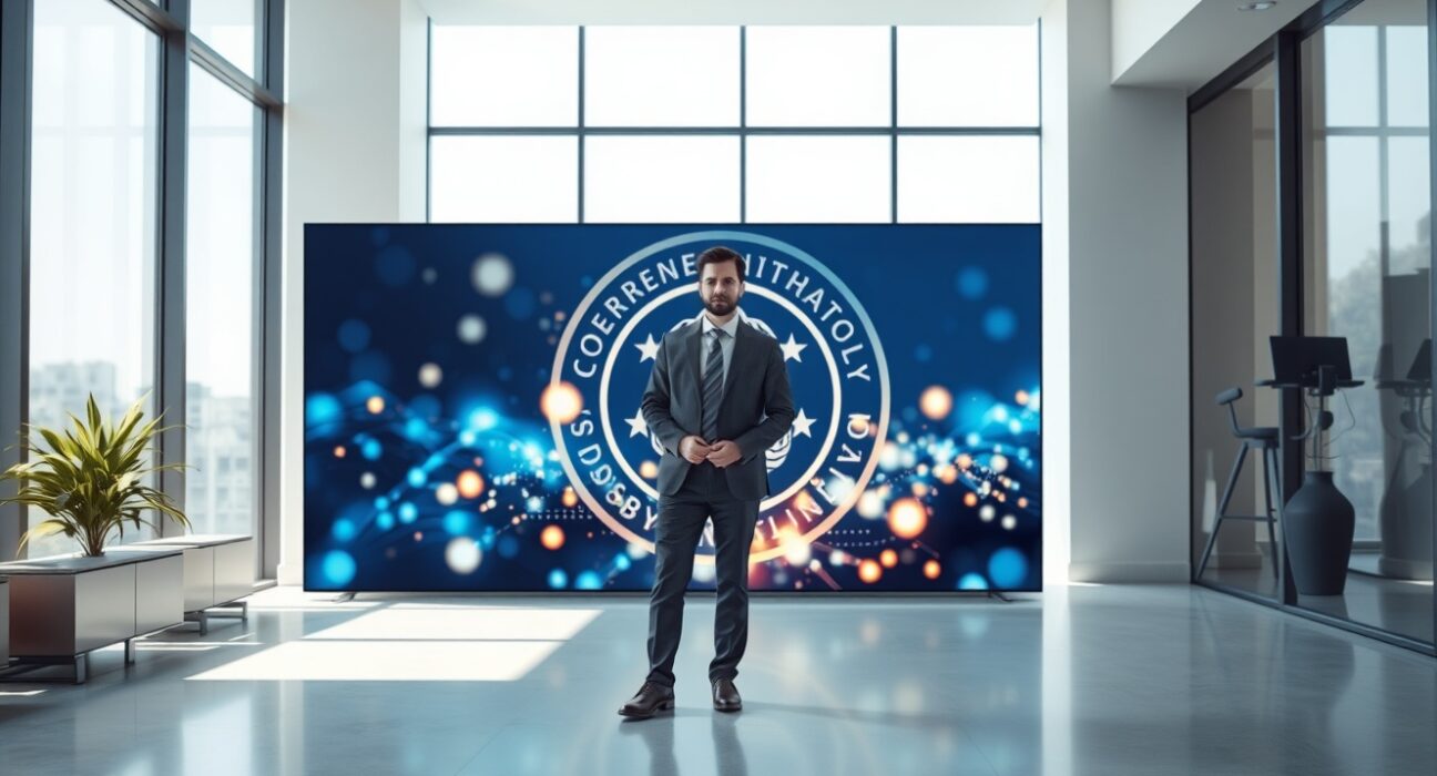 Eisen startup office with digital screen showing blockchain and unclaimed asset data