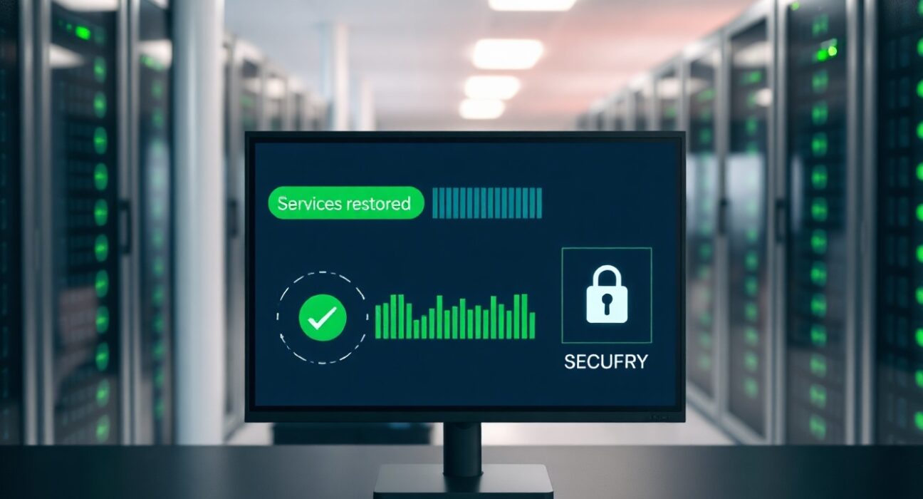 Digital dashboard showing restored services with security indicators after a DeFi hack