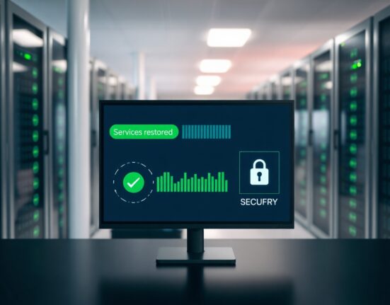 Digital dashboard showing restored services with security indicators after a DeFi hack