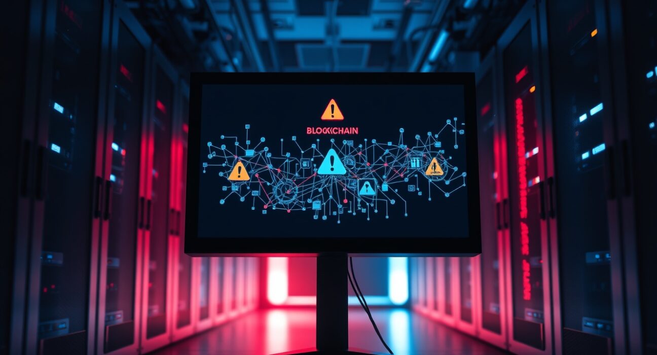 A cybersecurity breach concept with a monitor displaying a blockchain network under attack in a dimly lit server room.