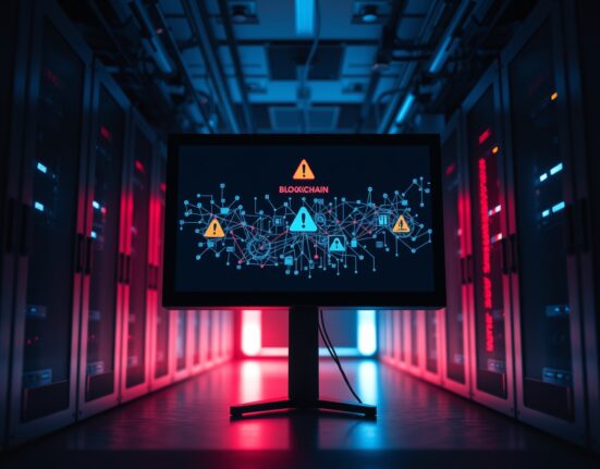 A cybersecurity breach concept with a monitor displaying a blockchain network under attack in a dimly lit server room.