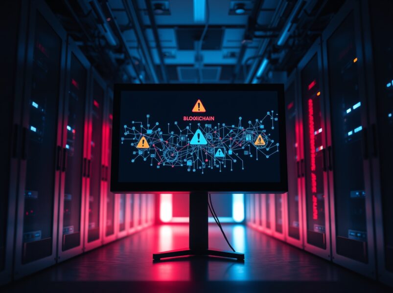 A cybersecurity breach concept with a monitor displaying a blockchain network under attack in a dimly lit server room.