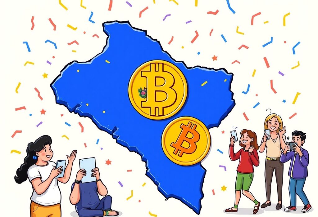 A cartoon showing El Salvador celebrating four years of its bold El Salvador Bitcoin legal tender journey.