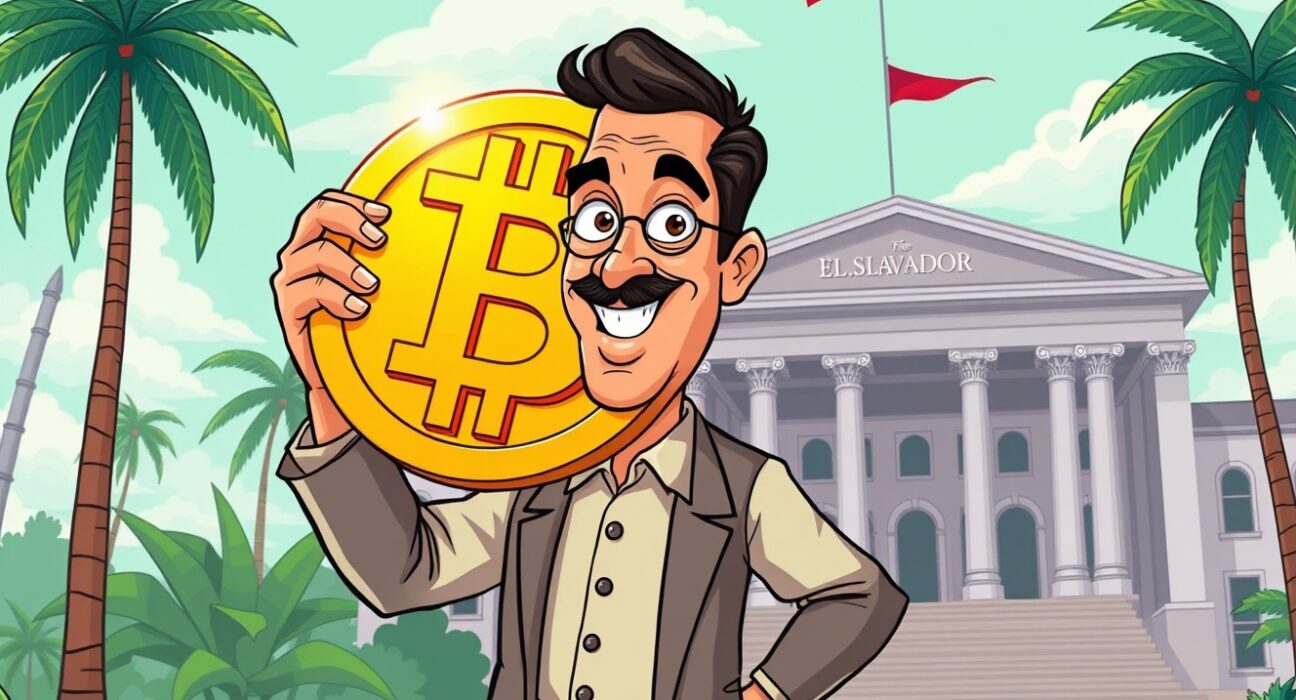Cartoon illustration of El Salvador's leader proudly displaying a Bitcoin, symbolizing the nation's consistent El Salvador Bitcoin accumulation.