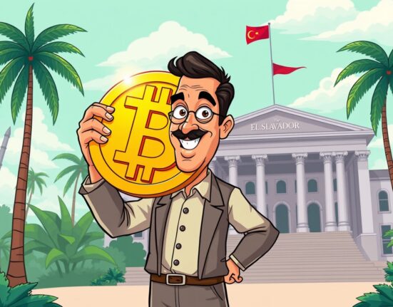 Cartoon illustration of El Salvador's leader proudly displaying a Bitcoin, symbolizing the nation's consistent El Salvador Bitcoin accumulation.